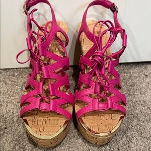 Pink Strappy Wedge Sandals